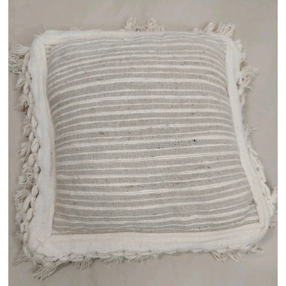 Vintage Hand Woven Cotton Pillow  Fringe India Throw Cushion Pilzer Bros Neutral
